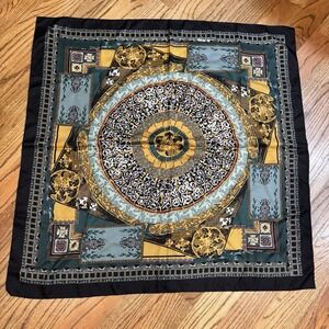 Silk Scarf Baroque Medallion Print Square Mustard Green Black 34"x34"